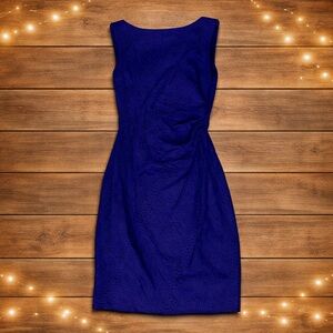 Cache Blue Jacquard Sheath Dress Size Small Sleeveless Ruched Cocktail